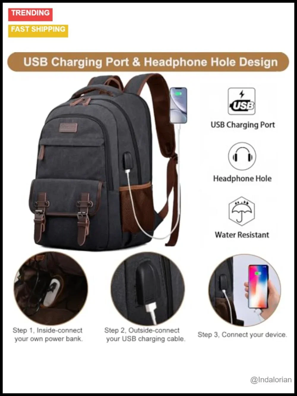 Canvas Travel Laptop Backpack with USB Charging Port, 15.6 Inch, Business